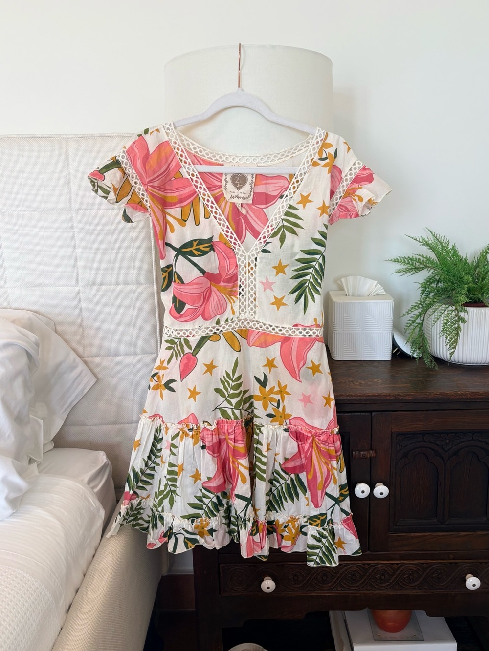 Anthropologie Z&L Pink Tropical Flowy Boho V-Neck Dress 100% Cotton